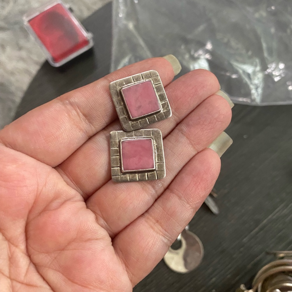 Sterling Silver Square Pink Stone Stud Earrings
